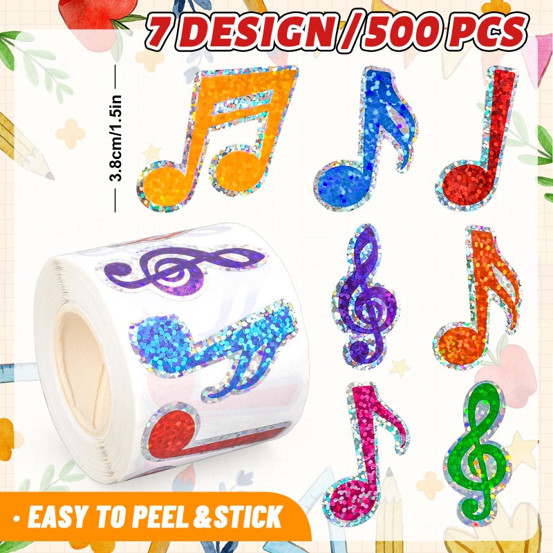 Whaline Colorful Musical Notes Stickers Roll Laser Music Seal Stickers Waterproof Self-Adhesive Decals for Back to School Envelope Scrapbook Decor Holiday Party Supplies, 500 Pcs - Image 2